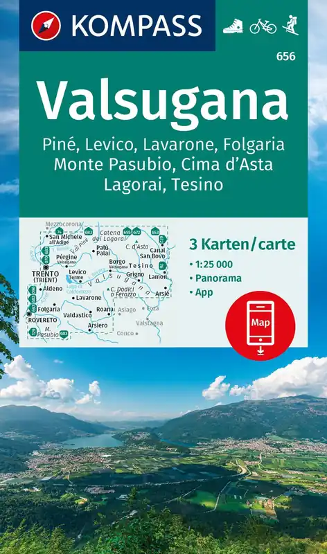 Laatste Versie Kompass wandelkaart KP-656 Valsugana, Piné, Levico 1:25.000