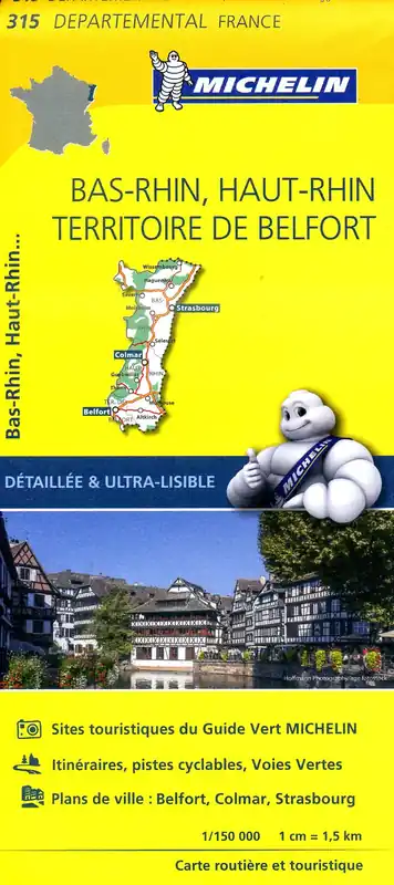 315 Bas-Rhin, Haut-Rhin, Territoire de Belfort | Michelin wegenkaart 1:150.000 Bestel Nu